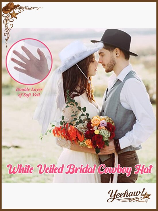 12-Piece Cowgirl Hat Set with Bride Veil for Bachelorette Wedding Cosplay